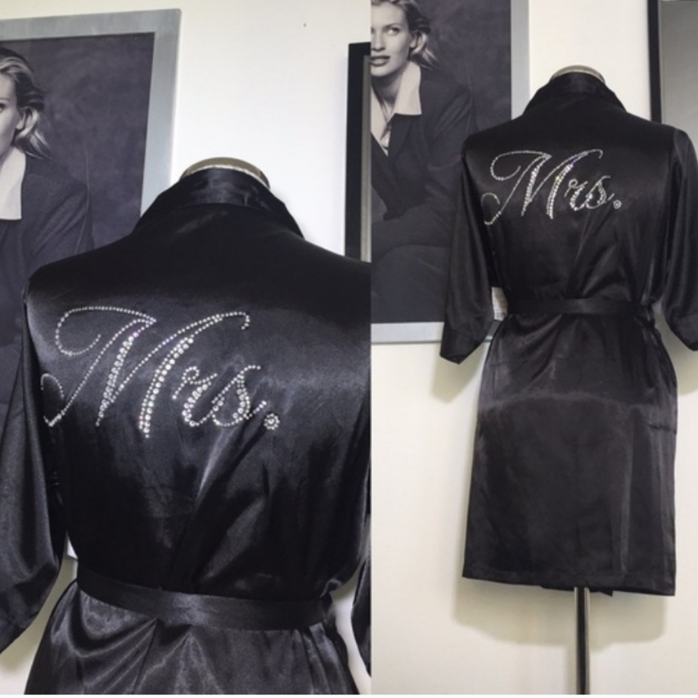 Mrs. Rhinestone Black Satin Robe - Picture 6 of 7